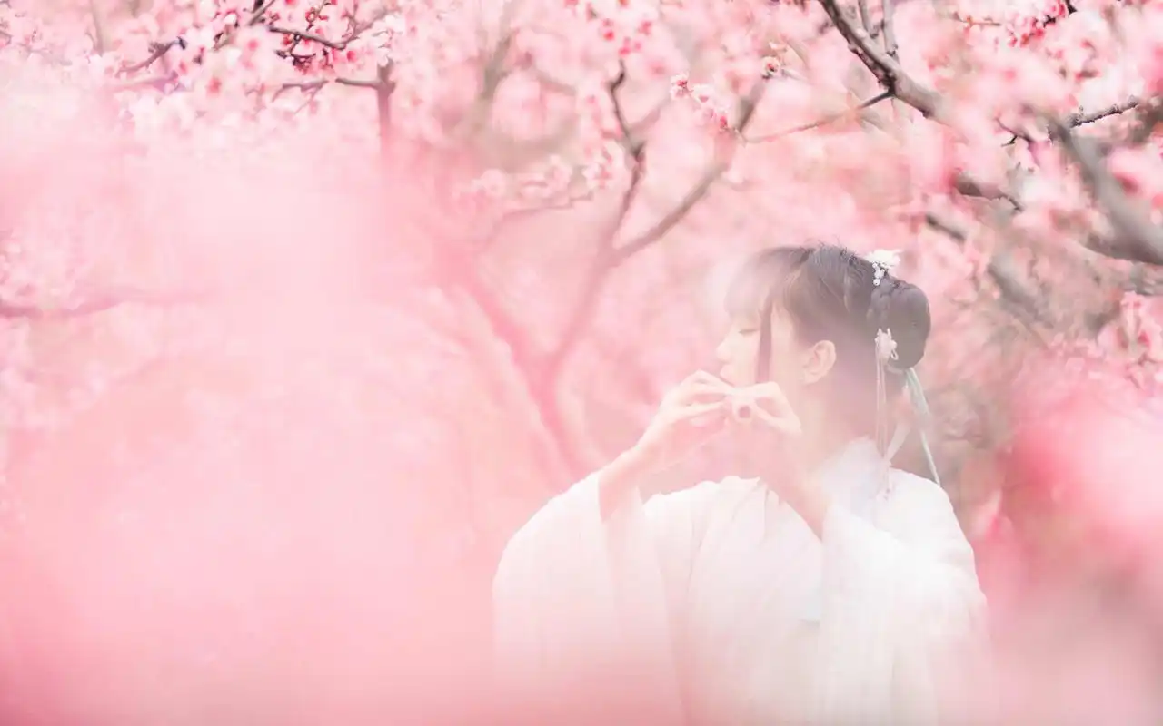 桃花树下古装美女写真图片电脑壁纸