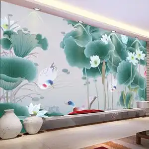 鸳鸯戏水客厅卧室电视背景墙壁纸新中式荷花影视墙纸壁画装饰墙布