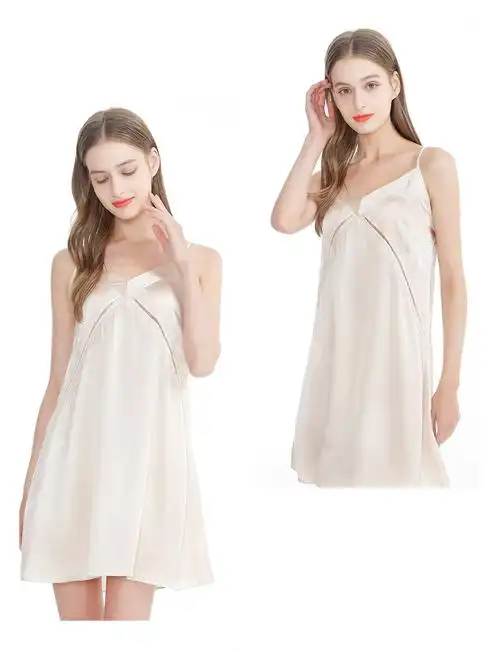 上海故事真丝吊带睡衣女柔软舒适桑蚕丝家居服宽松透气睡裙7d042米色l