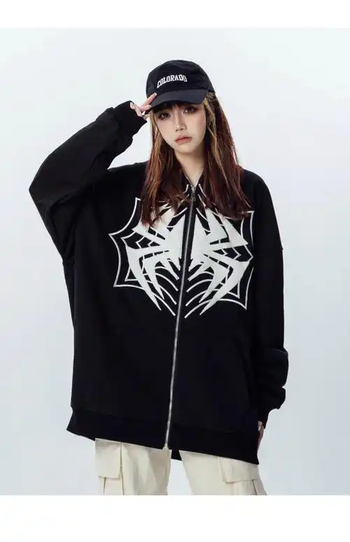 美式复古潮蜘蛛刺绣开衫卫衣女宽松连帽秋冬2023新款百搭情侣外套