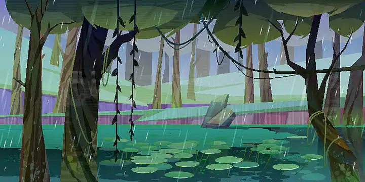 有沼泽或湖泊的森林中的雨和漂浮的睡莲.自然景观与深木沼泽.