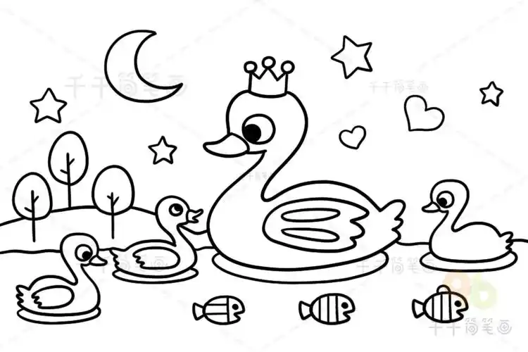 戴王冠的天鹅儿童着色画_幼儿园大班涂色模板简笔画