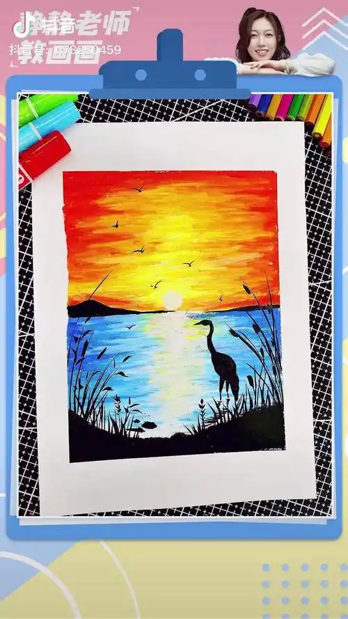 超简单夕阳湖景适合58岁孩子创意美术儿童画夕阳