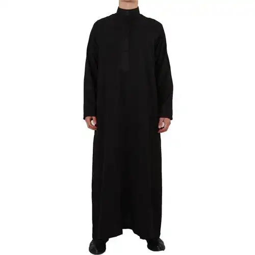 回族男清真寺卡塔尔款长袖长袍立领阿拉伯大袍中东男士黑色礼拜袍