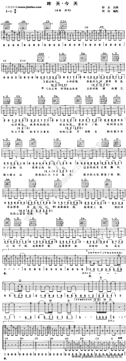 老狼《昨天 今天》吉他谱_c调简单版_六线谱-吉他客