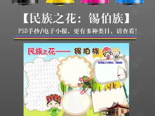 psd锡伯族少数民族习俗风俗服饰特色爱家乡卡通手抄报