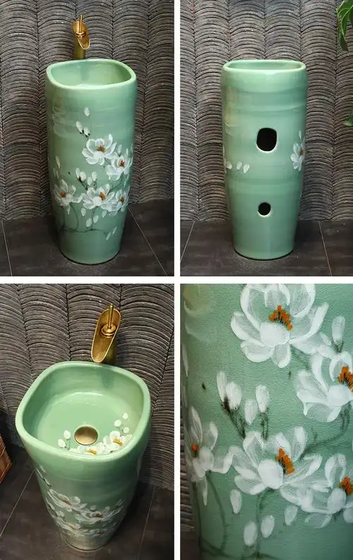 中式荷花立式洗脸盆陶瓷艺术立柱盆庭院阳台落地式洗手盆一体水池镜框