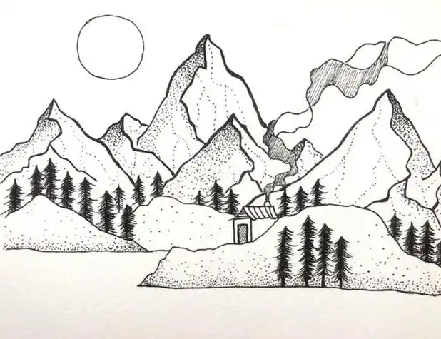 铅笔简笔画教程高山流水黑白简笔画 今天周末把这幅画 画完了去玩山水