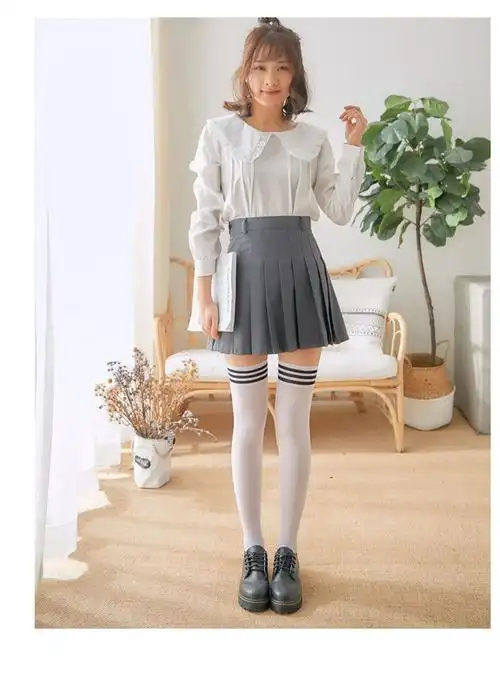 学生白袜女初中生白袜子薄棉袜长筒袜学生条纹过膝袜半截白色大腿袜薄