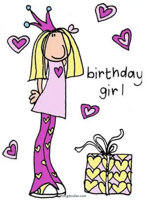 穿着紫色裙子带着皇冠的小女生庆祝生日女生简笔画大全