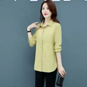 春夏季棉衬衫女长袖新款显瘦休闲上衣女装外套衬衣米黄色长袖m90105