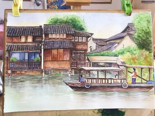 水彩古镇