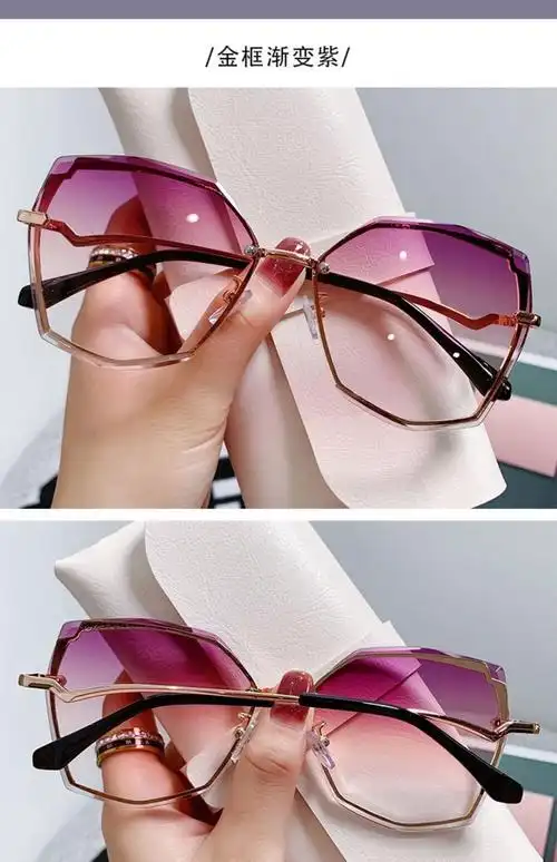 2022新款太阳镜女士无框钻石切边渐变色大框显脸小墨镜女渐变灰单眼镜