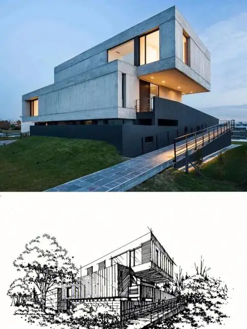 城乡规划手绘实景转绘线稿建筑单体效果图