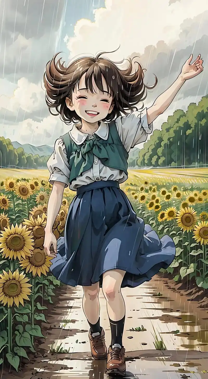 小女孩在雨中 , 向日葵的花海里无忧无虑开心的奔跑#治愈动漫 - 抖音