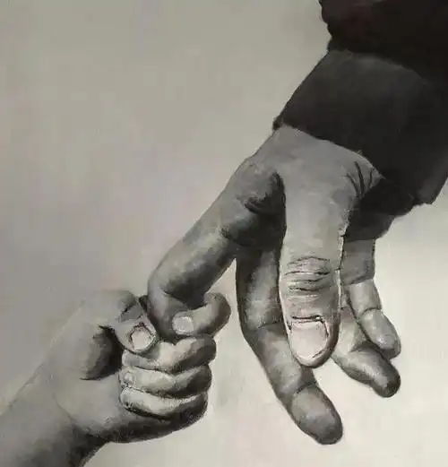 这是单身的水墨画,采用素描的方式,小手拉大手.