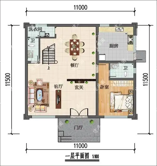 11米x11米农村三层小别墅一层户型图