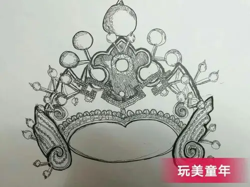 线描 儿童画 创意 装饰画 水彩笔 彩色 黑白 动物头冠 凤冠 霞帔 石雕