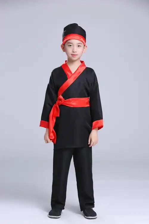 店小二演出服古装汉服套装儿童村民衣服男女演出服装古代老百姓表演服
