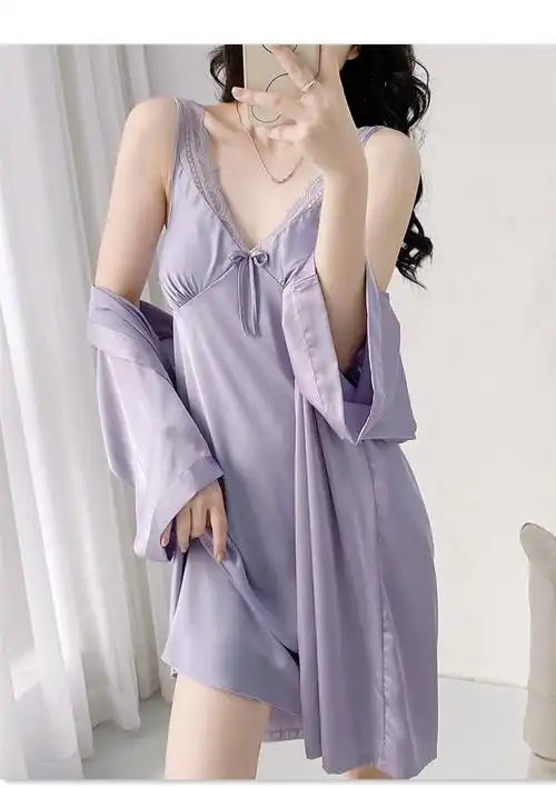 法式蕾丝吊带睡裙女夏季v领纯欲风性感带胸垫冰丝绸睡袍睡衣居家 - 17