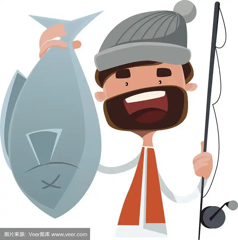 渔夫抓鱼矢量插图卡通人物