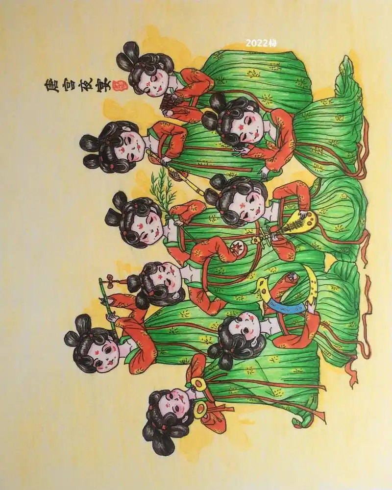 彩铅人物 #作品分享 #唐宫夜宴图 - 抖音