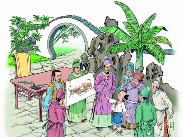 《斗牛图》一轴;然后在此铺垫基础上突出一牧童拊掌大笑斗牛画的情景