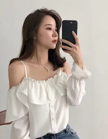 吊带小清新一字肩上衣女夏秋季韩版chic长袖漏两肩锁骨一字领 白色 s