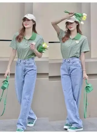 绿色条纹polo衫 浅蓝色阔腿牛仔裤 绿色单鞋系带波点衬衫搭配浅蓝色