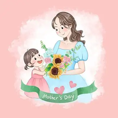 卡通母亲节快乐原创插画海报清新母亲节快乐妈妈的臂弯温馨贺卡水彩