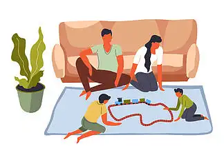 家人待在家里,父母在 i>火 /i> i>车 /i>站看孩子们 i>玩 /i> i>玩 /i