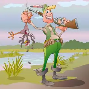 狩猎英雄卡通英雄猎人展示他的猎物照片