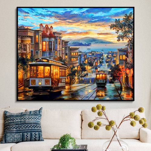 北欧城市街景建筑城堡diy数字油画 手工填充涂色丙烯油彩画风景画