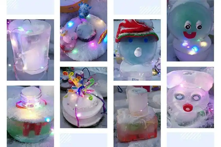 经过小朋友和爸爸妈妈的共同努力,漂亮的冰灯终于登场啦,让我们先睹