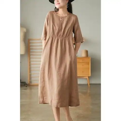 棉麻连衣裙夏装圆领宽松直筒褶皱中袖亚麻裙子连衣裙