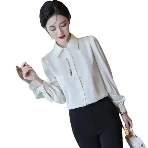 女士衬衫粉色长袖衬衫女韩版时尚新款休闲气质方领雪纺衬衣上班职业装