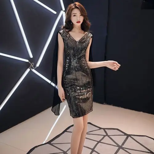宴会晚礼服2020新款黑色性感短款亮片气质小礼礼服