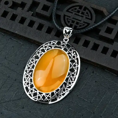 吊坠空托镶嵌蜜蜡琥珀绿松石女复古简约银托项坠