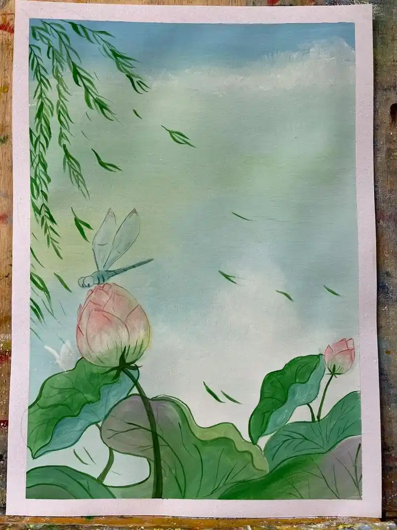 荷花蜻蜓水粉江南春天来了夏天还远吗