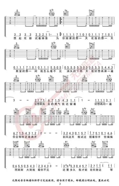 晴天吉他谱 周杰伦 g调高清版弹唱吉他谱1