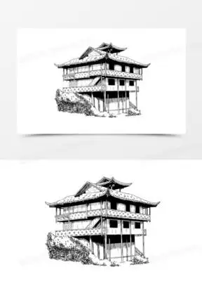 手绘黑白吊脚楼建筑物免抠元素