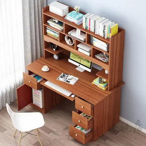 木色书桌课桌家用学习桌学生桌写字桌书柜书桌一体电脑桌台式用款式皎