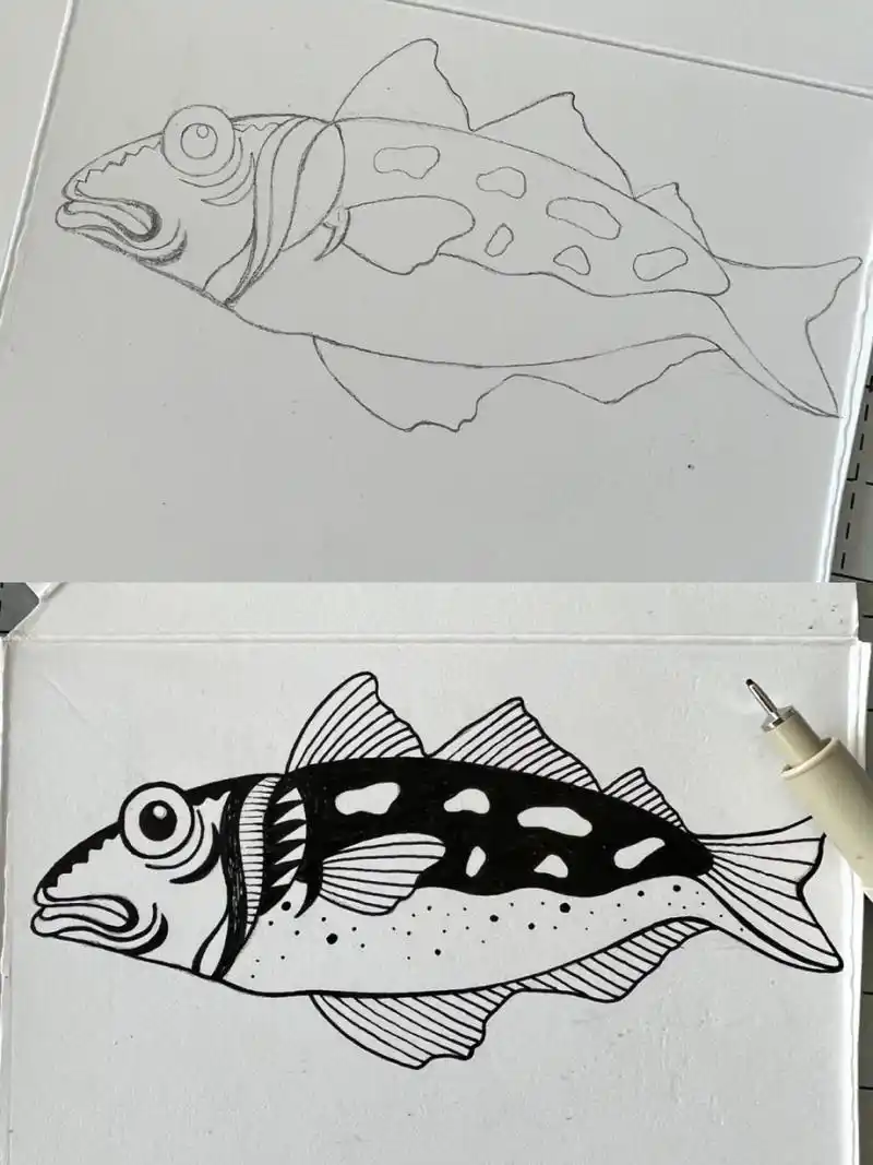 手绘# #针管笔手绘# #手绘鱼# #鱼创意美术# #线描画# #黑白线描