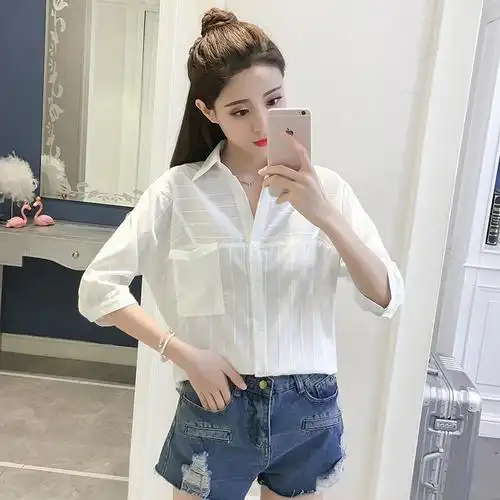 夏季衬衫女短袖韩版短款系结小清新宽松韩范学生条纹百搭白衬衣潮