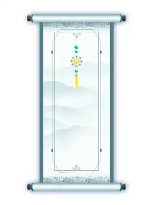 古风卷轴元素青色山水画卷轴png素材