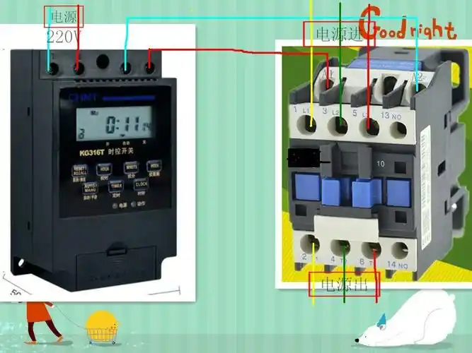 给一个kg316t时控开关与cjx2s3210接触器负载设备是220w连接图