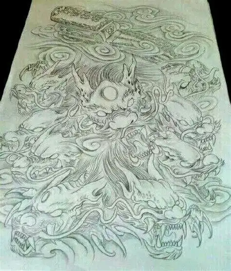 九龙拉棺纹身图案手稿 (第1页) - 图观天下 百奇网