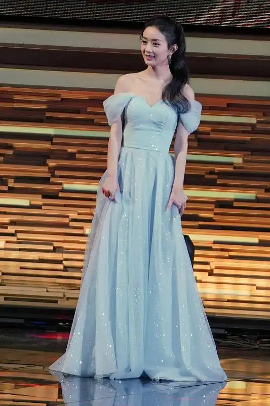 赵丽颖同款气质一字肩敬酒晚礼服天蓝色宴会聚会主持人平时可穿女