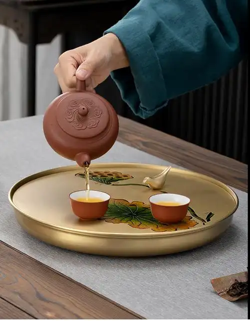 纯铜功夫茶盘 纯铜茶盘家用彩漆简易储水圆形壶承茶台干泡台功夫茶具