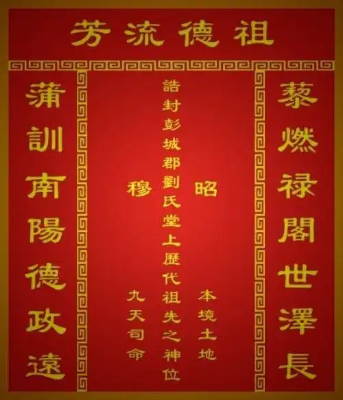 中间的中幅一般主要以本堂堂号 历代高僧祖(祖先)之神位,在其两侧书写